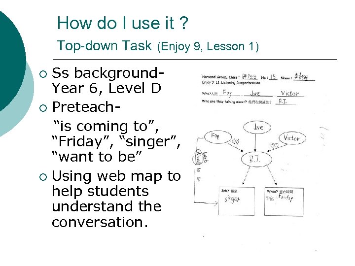 How do I use it ? Top-down Task (Enjoy 9, Lesson 1) Ss background.