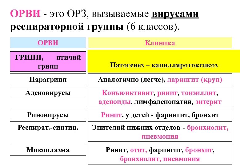 ОРВИ - это ОРЗ, вызываемые вирусами респираторной группы (6 классов). ОРВИ Клиника ГРИПП, птичий
