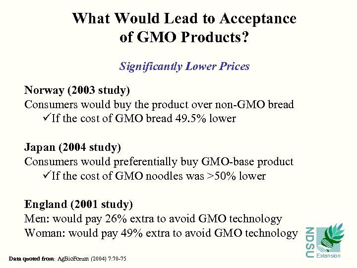 What Would Lead to Acceptance of GMO Products? Significantly Lower Prices Norway (2003 study)