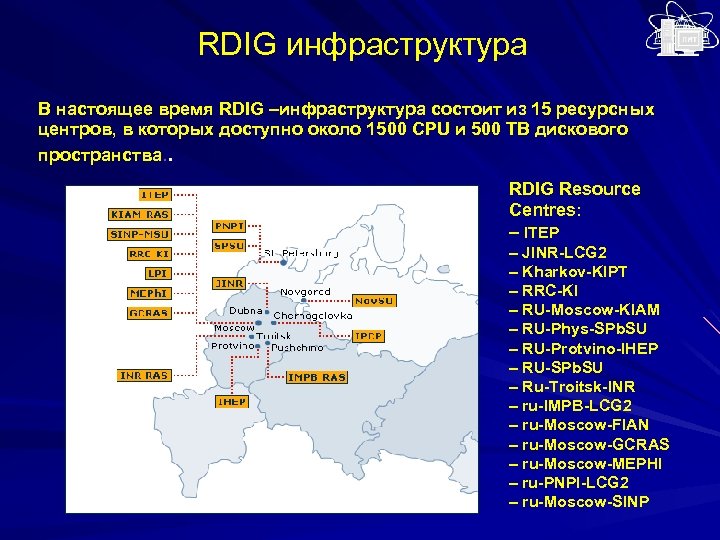 RDIG инфраструктура В настоящее время RDIG –инфраструктура состоит из 15 ресурсных центров, в которых