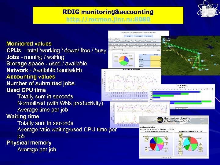 RDIG monitoring&accounting http: //rocmon. jinr. ru: 8080 Monitored values CPUs - total /working /