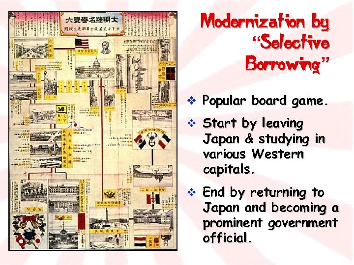 Modernization by “Selective Borrowing” v Popular board game. v Start by leaving Japan &