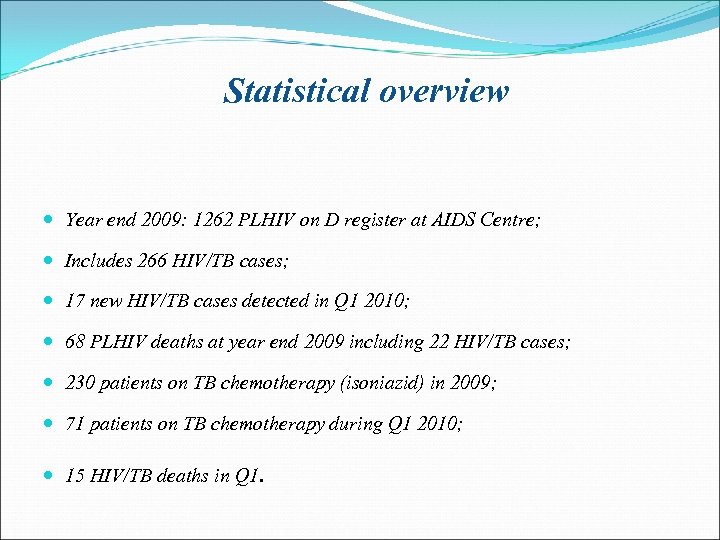 Statistical overview Year end 2009: 1262 PLHIV on D register at AIDS Centre; Includes