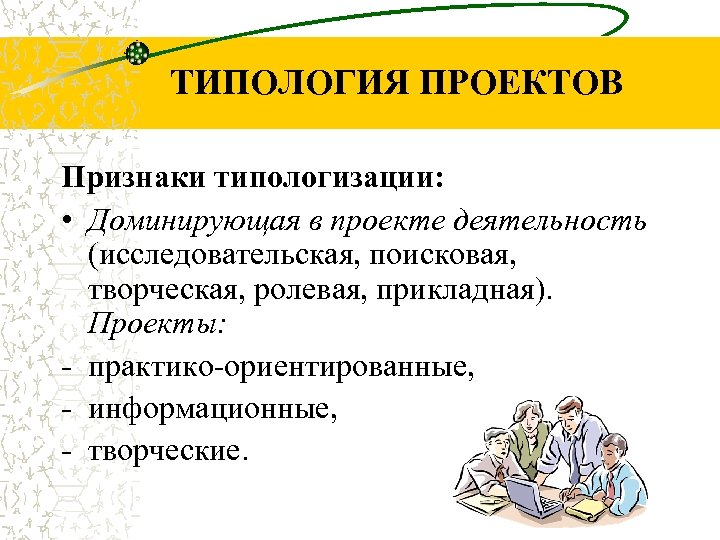 ТИПОЛОГИЯ ПРОЕКТОВ Признаки типологизации: • Доминирующая в проекте деятельность (исследовательская, поисковая, творческая, ролевая, прикладная).