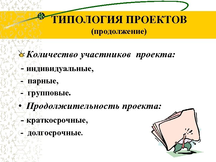 ТИПОЛОГИЯ ПРОЕКТОВ (продолжение) Количество участников проекта: - индивидуальные, - парные, - групповые. • Продолжительность