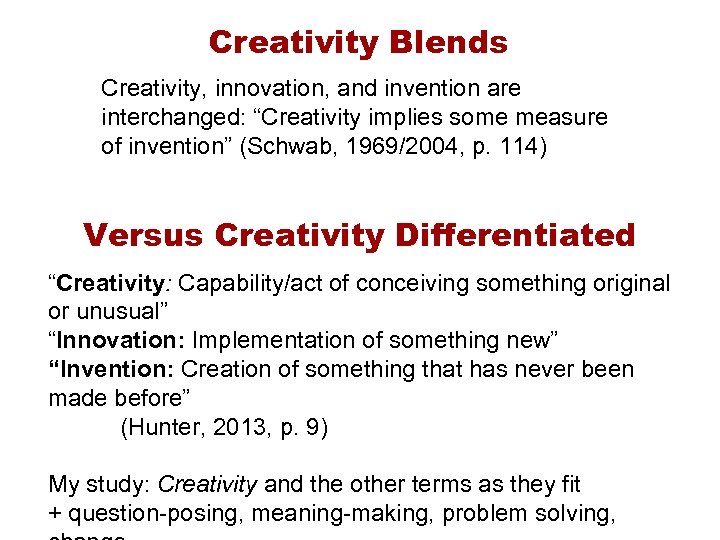 Creativity Blends Creativity, innovation, and invention are interchanged: “Creativity implies some measure of invention”