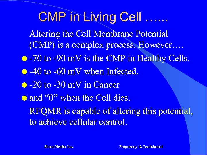 CMP in Living Cell …. . . Altering the Cell Membrane Potential (CMP) is