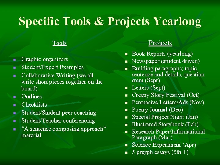 Specific Tools & Projects Yearlong Projects Tools n n n n Graphic organizers Student/Expert