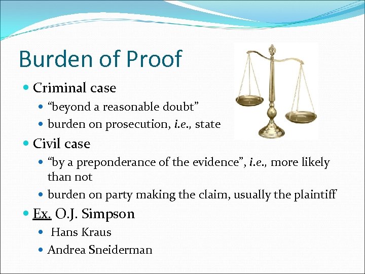 Burden of Proof Criminal case “beyond a reasonable doubt” burden on prosecution, i. e.