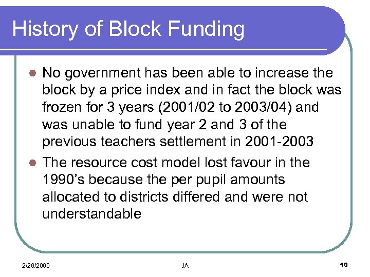 History of Block Funding No government has been able to increase the block by