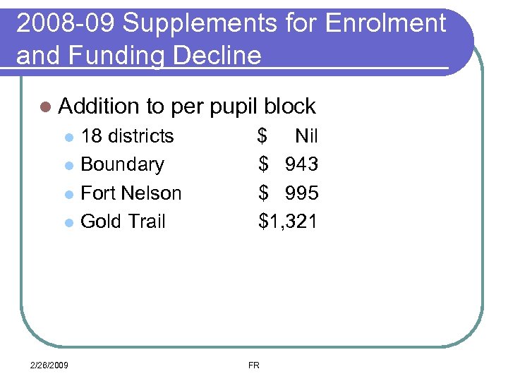 2008 -09 Supplements for Enrolment and Funding Decline l Addition to per pupil block