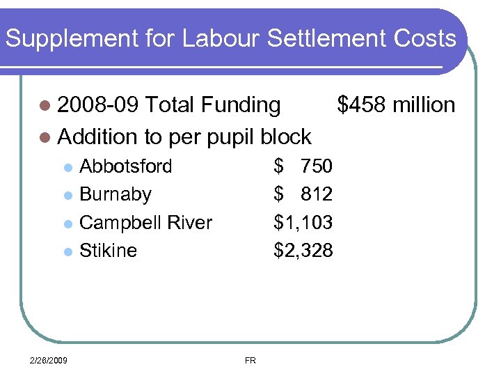 Supplement for Labour Settlement Costs l 2008 -09 Total Funding l Addition to per