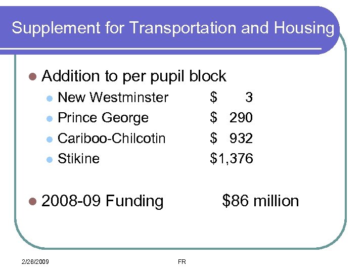 Supplement for Transportation and Housing l Addition to per pupil block New Westminster l