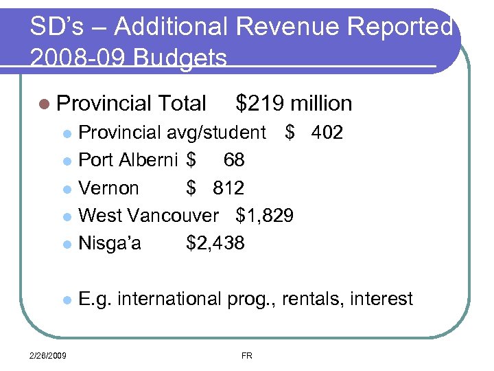 SD’s – Additional Revenue Reported 2008 -09 Budgets l Provincial Total $219 million Provincial