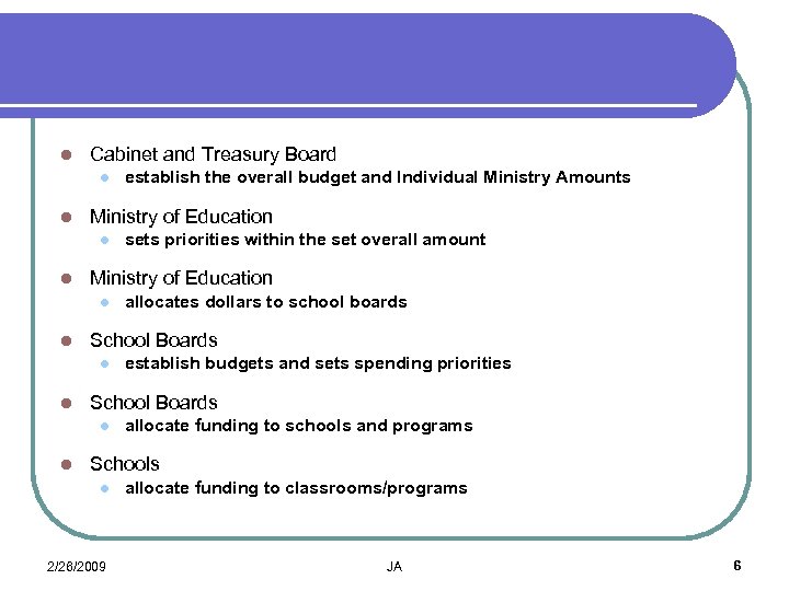 l Cabinet and Treasury Board l l Ministry of Education l l establish budgets