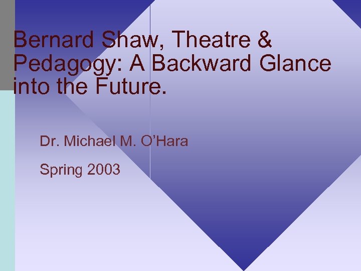 Bernard Shaw, Theatre & Pedagogy: A Backward Glance into the Future. Dr. Michael M.