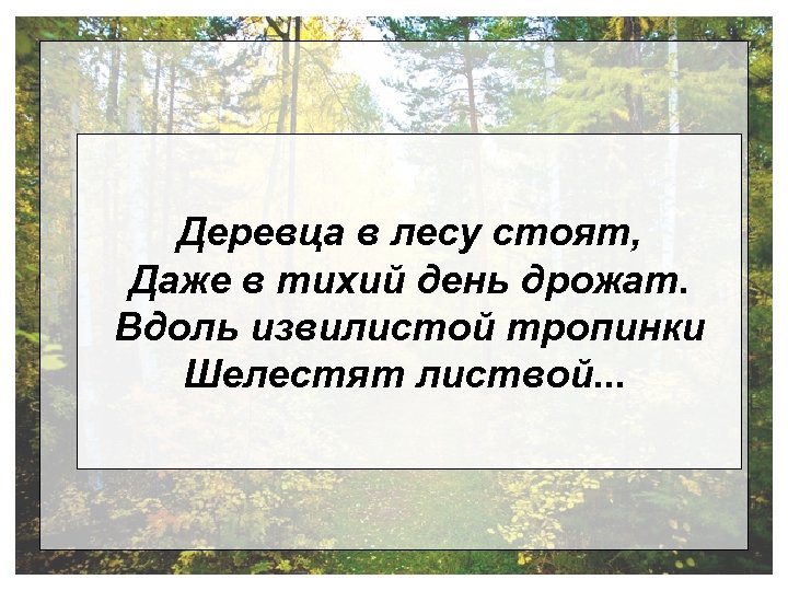 Деревца в лесу стоят, Даже в тихий день дрожат. Вдоль извилистой тропинки Шелестят листвой.