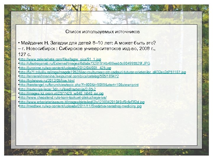 Список используемых источников • Майданик Н. Загадки для детей 8– 10 лет: А может