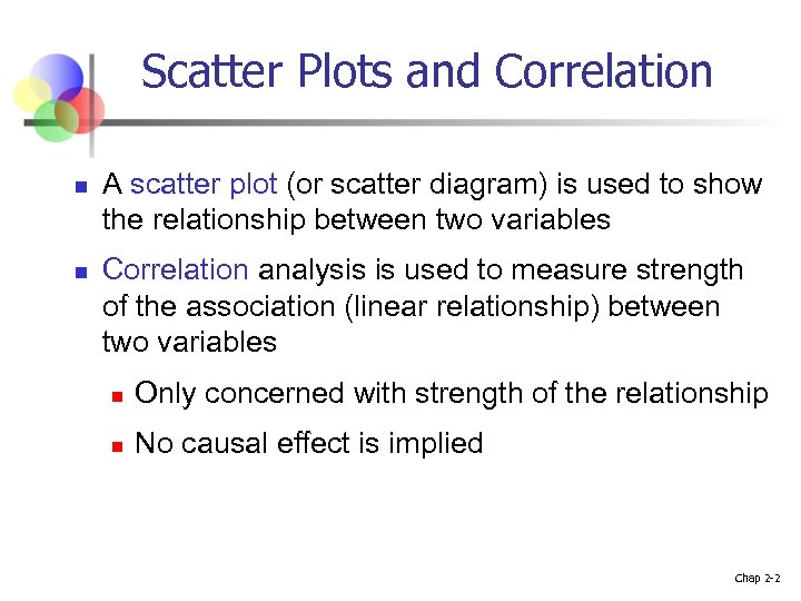 Scatter Plots and Correlation n n A scatter plot (or scatter diagram) is used