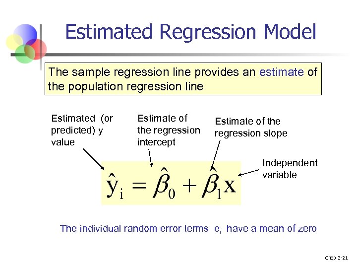 Estimated Regression Model The sample regression line provides an estimate of the population regression