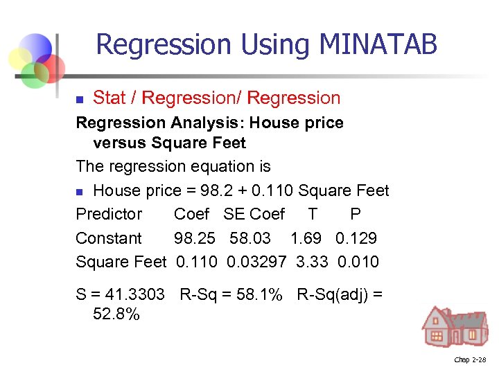 Regression Using MINATAB n Stat / Regression Analysis: House price versus Square Feet The