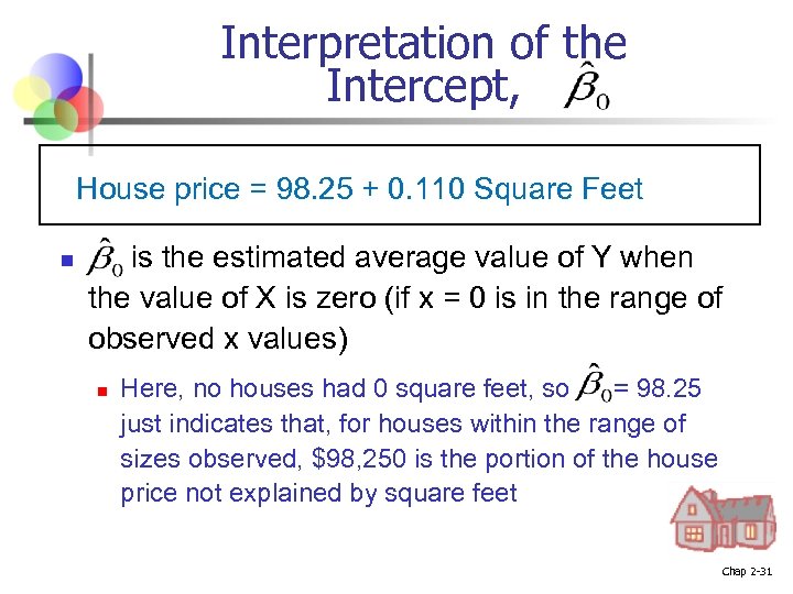 Interpretation of the Intercept, House price = 98. 25 + 0. 110 Square Feet