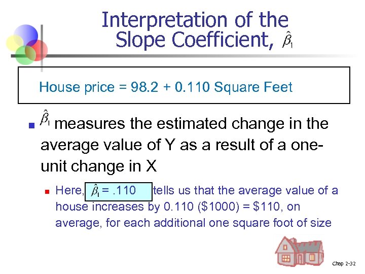 Interpretation of the Slope Coefficient, House price = 98. 2 + 0. 110 Square