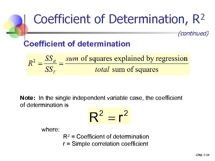 Coefficient of Determination, R 2 (continued) Coefficient of determination Note: In the single independent