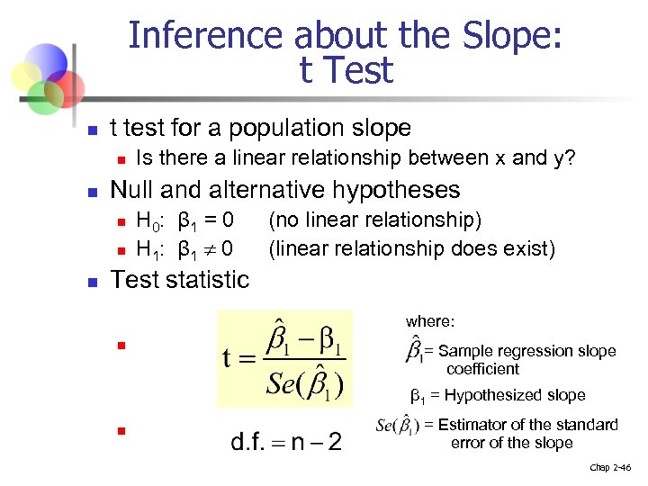 Inference about the Slope: t Test n t test for a population slope n
