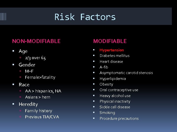 Risk Factors NON-MODIFIABLE Age 2/3 over 65 Gender M=F Female>fatality Race AA > hispanics,