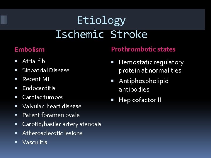 Etiology Ischemic Stroke Embolism Atrial fib Sinoatrial Disease Recent MI Endocarditis Cardiac tumors Valvular