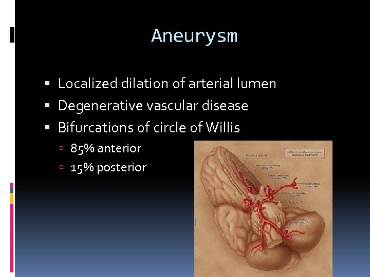 Aneurysm Localized dilation of arterial lumen Degenerative vascular disease Bifurcations of circle of Willis