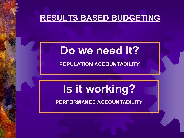 RESULTS BASED BUDGETING Do we need it? POPULATION ACCOUNTABILITY Is it working? PERFORMANCE ACCOUNTABILITY