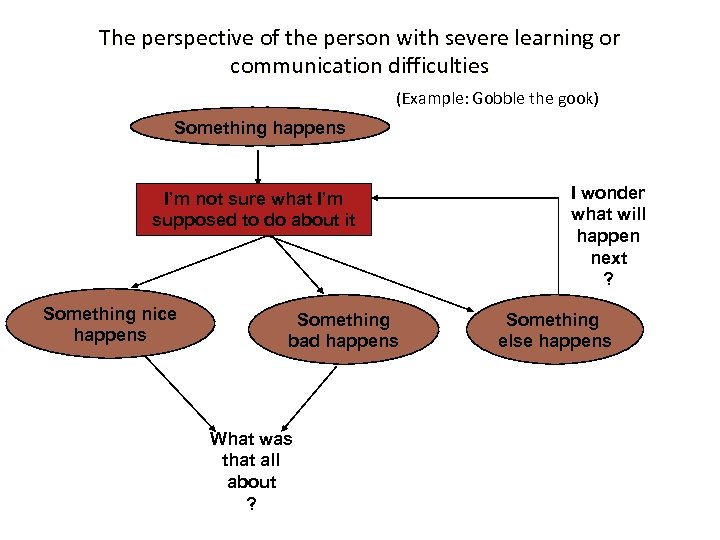 The perspective of the person with severe learning or communication difficulties (Example: Gobble the