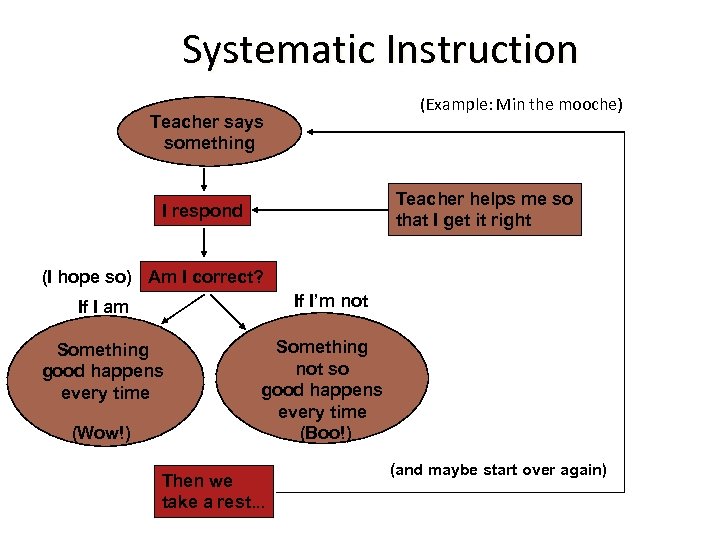 Systematic Instruction (Example: Min the mooche) Teacher says something Teacher helps me so that