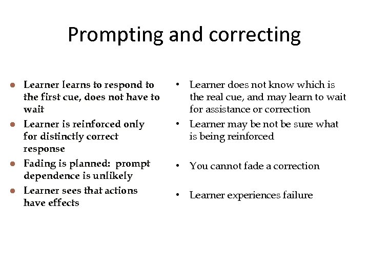 Prompting and correcting l l Learner learns to respond to the first cue, does