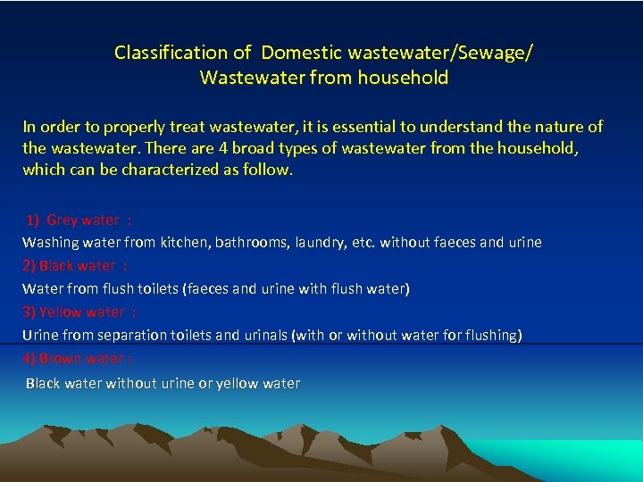 Classification of Domestic wastewater/Sewage/ Wastewater from household In order to properly treat wastewater, it