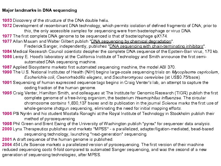 Major landmarks in DNA sequencing 1953 Discovery of the structure of the DNA double