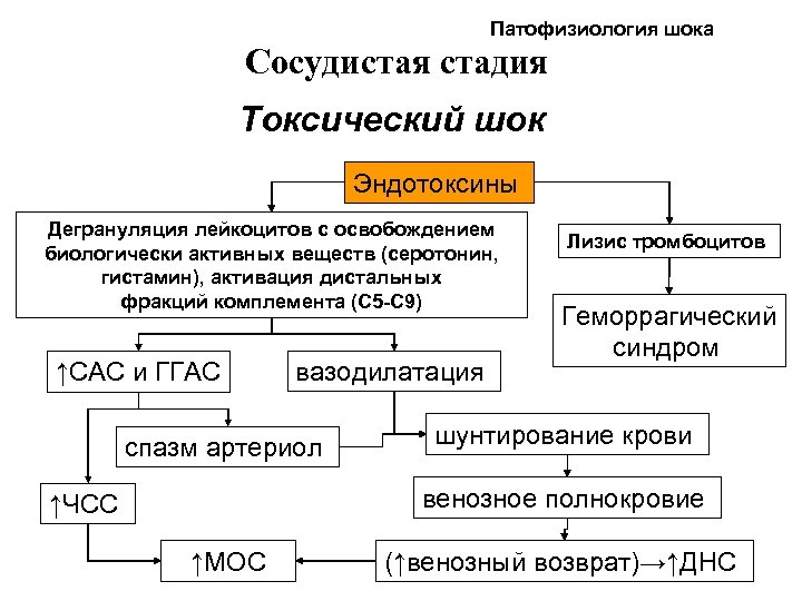 Патофизиология шока Сосудистая стадия Токсический шок Эндотоксины Дегрануляция лейкоцитов с освобождением биологически активных веществ