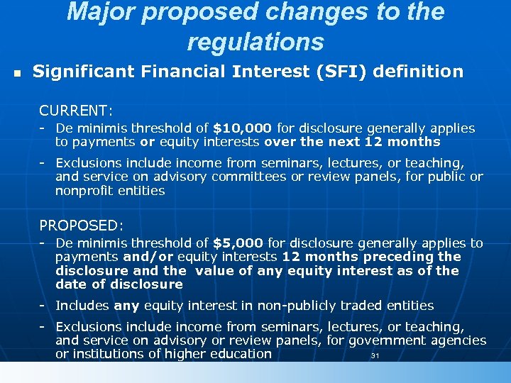 Major proposed changes to the regulations n Significant Financial Interest (SFI) definition CURRENT: -