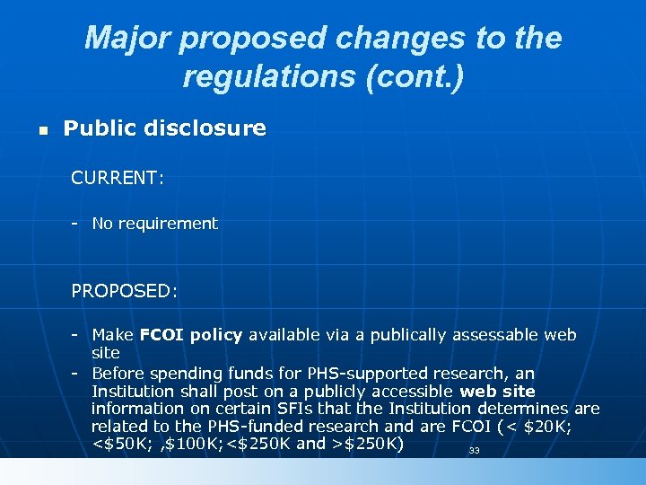 Major proposed changes to the regulations (cont. ) n Public disclosure CURRENT: - No