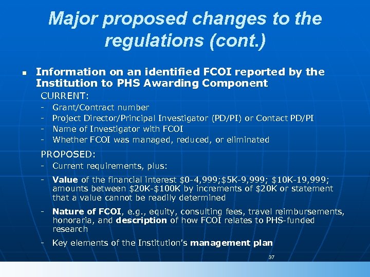 Major proposed changes to the regulations (cont. ) n Information on an identified FCOI