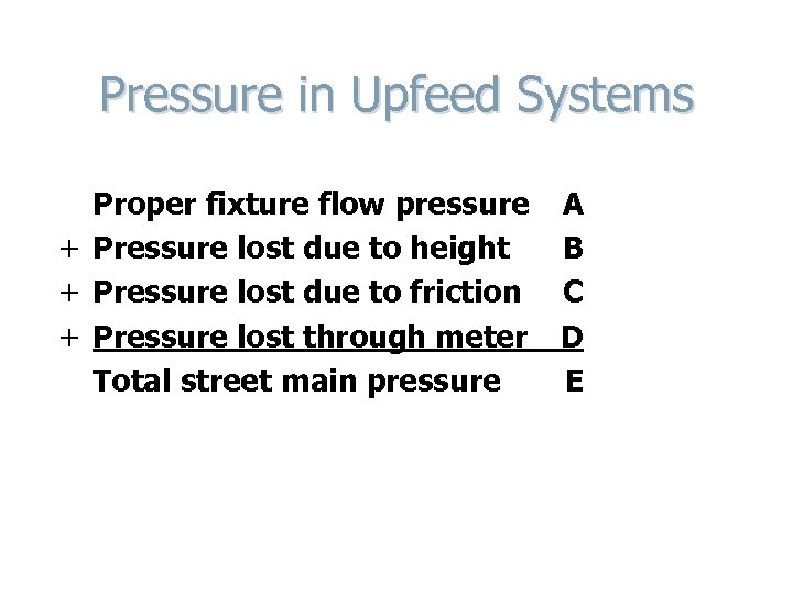 Pressure in Upfeed Systems Proper fixture flow pressure + Pressure lost due to height