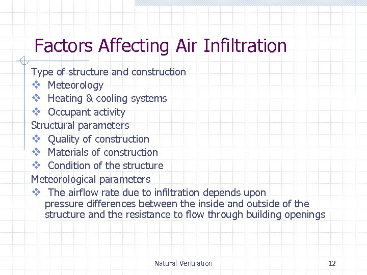 Factors Affecting Air Infiltration Type of structure and construction v Meteorology v Heating &