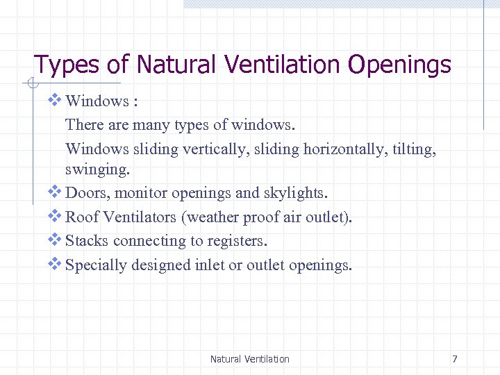 Types of Natural Ventilation Openings v Windows : There are many types of windows.