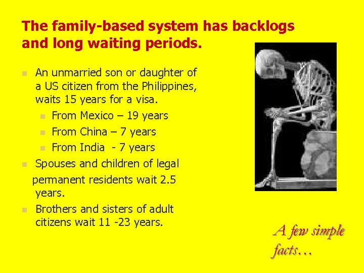 The family-based system has backlogs and long waiting periods. n n n An unmarried