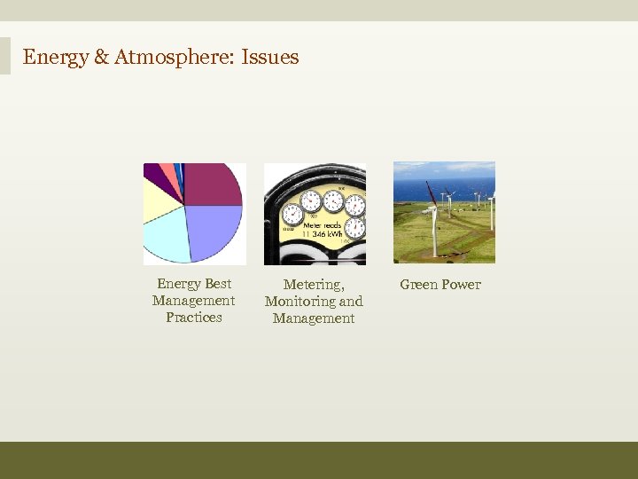 Energy & Atmosphere: Issues Energy Best Management Practices Metering, Monitoring and Management Green Power