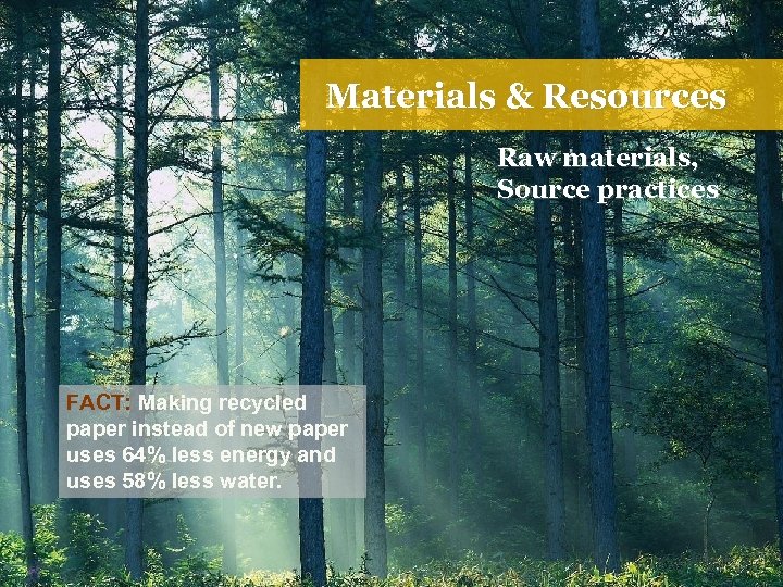 Materials & Resources Raw materials, Source practices FACT: Making recycled paper instead of new