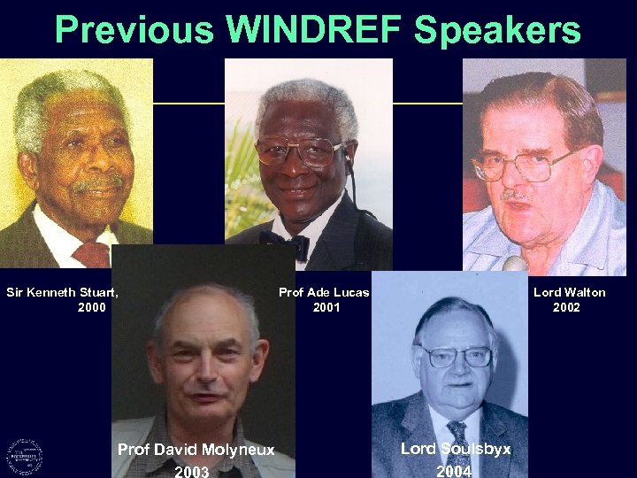 Previous WINDREF Speakers Sir Kenneth Stuart, 2000 Prof David Molyneux Prof Ade Lucas 2001