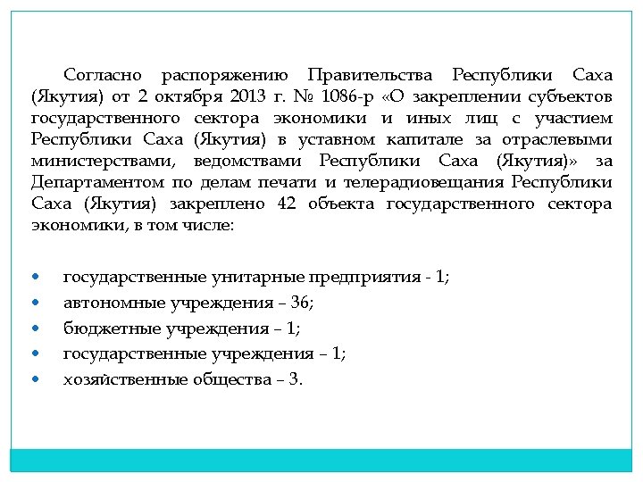 Согласно распоряжению Правительства Республики Саха (Якутия) от 2 октября 2013 г. № 1086 -р